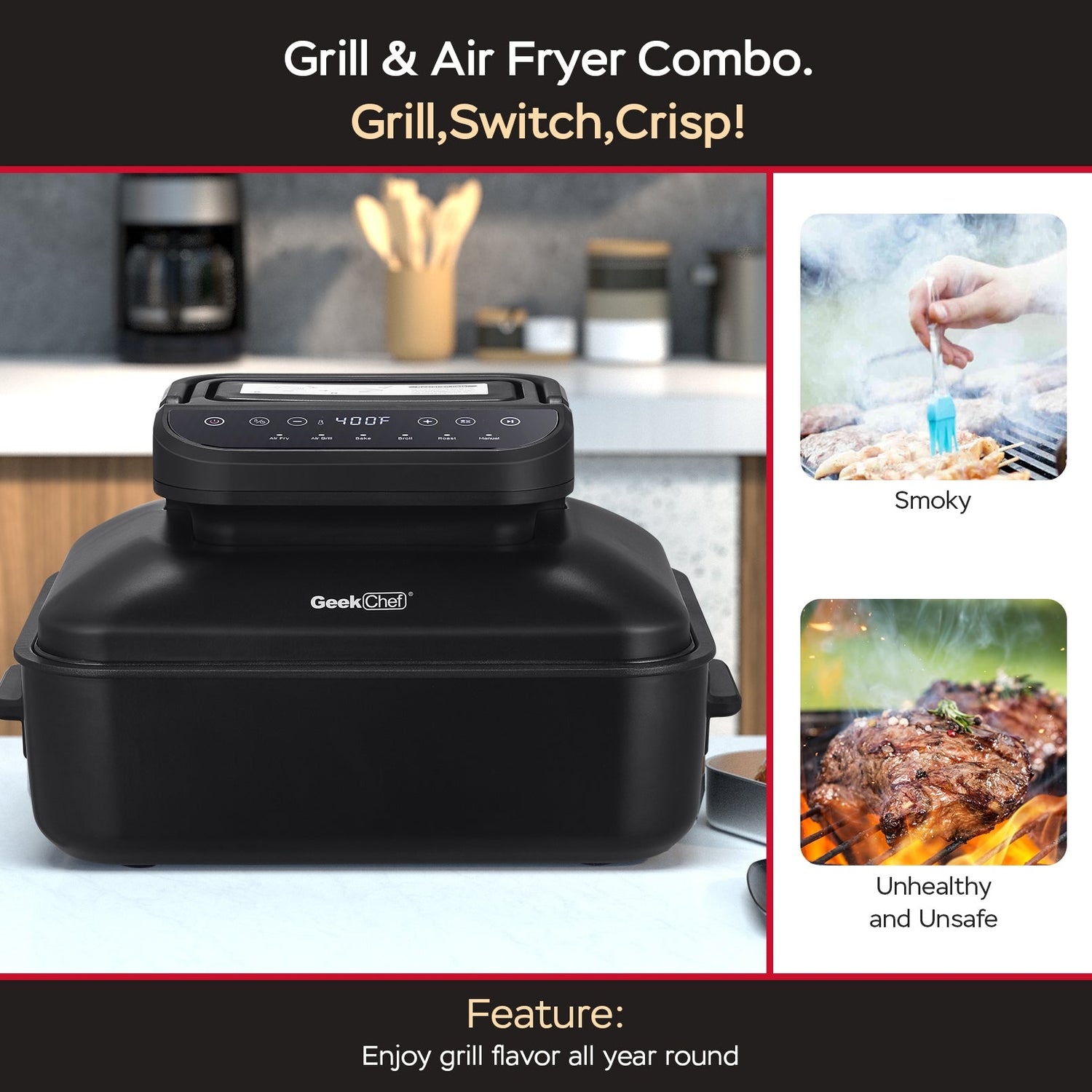 Geek Chef 7 In1 Smokeless Electric Indoor Grill With Air Fry,